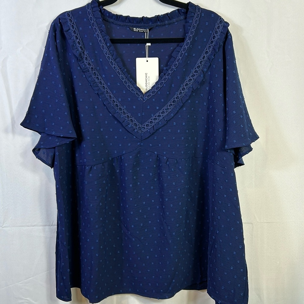 BloomChic Dark Blue Flare Short Sleeve Top Ruffle V Neck Swiss Dots New